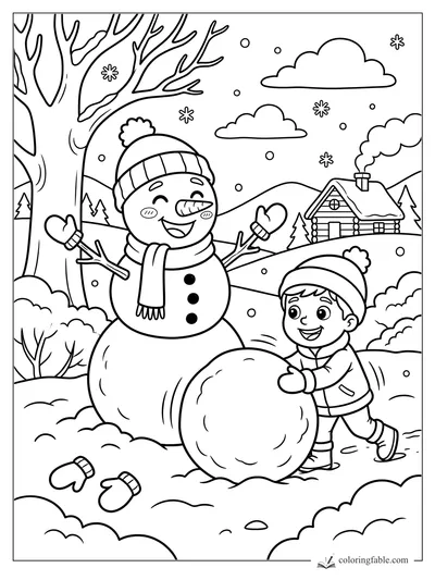 Cartoon snowman and child rolling a giant snowball near a cabin, bare tree, mittens, and falling snow
