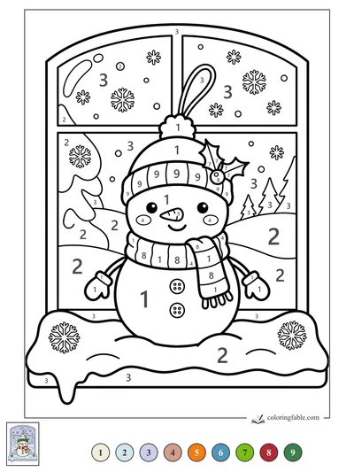 Smiling Snowman Ornament in a Snowy Window — color by number