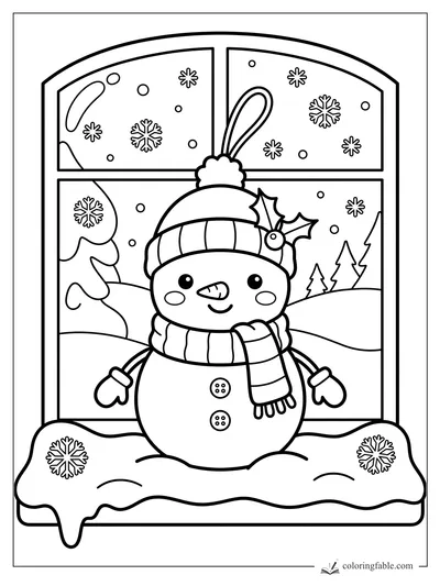 Adorno kawaii de muñeco de nieve para colorear con gorro, bufanda, manoplas, acebo y ventana nevada.