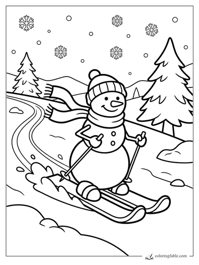 Smiling snowman on skis with poles, scarf, winter hat, pine trees, falling snowflakes, and curving trail.