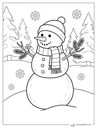 Realistic snowman with carrot nose, striped scarf, pom-pom hat, pine-branch arms, snowflakes, and fir trees.