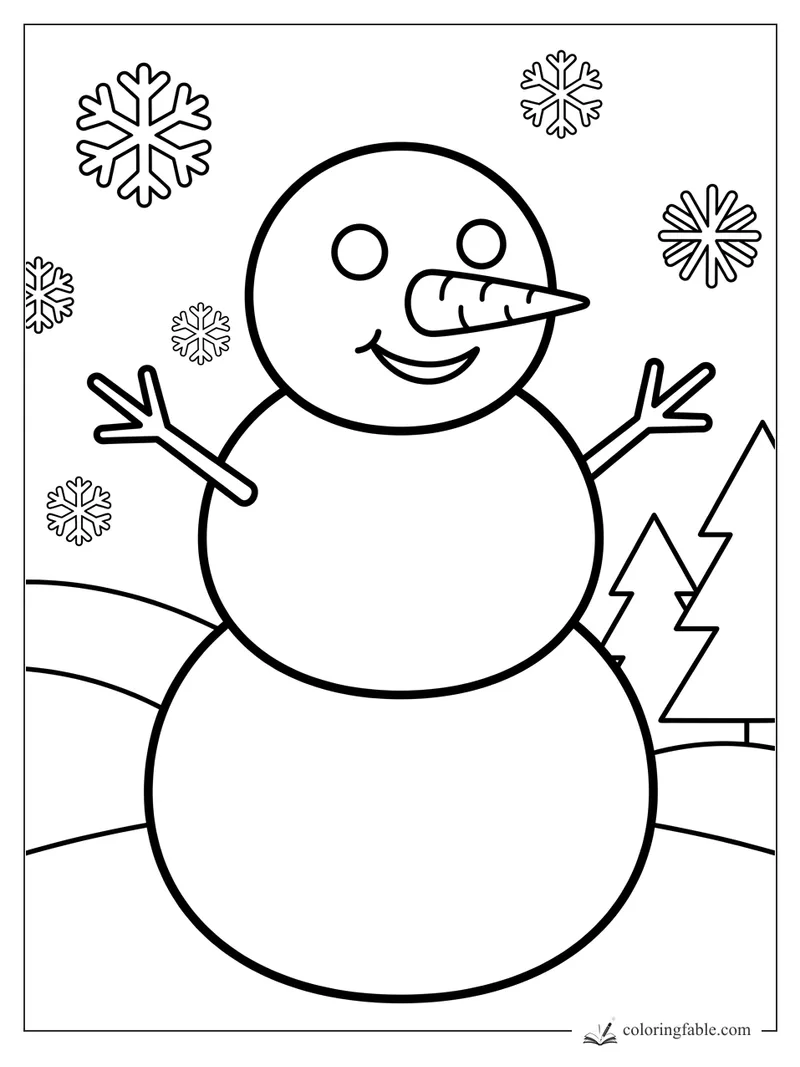 Easy snowman coloring page with carrot nose, stick arms, falling snowflakes, and pine trees