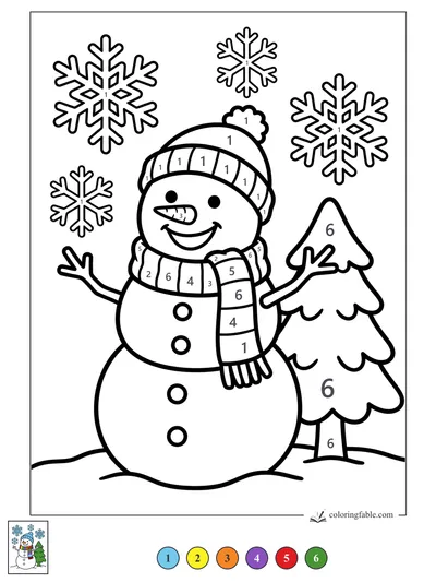 Smiling Snowman with Snowflakes — color by number