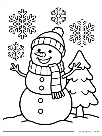 Easy snowman coloring page with hat, striped scarf, snowflakes, and a pine tree