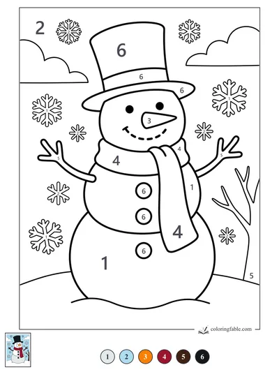 Smiling Snowman with Top Hat and Scarf — color by number