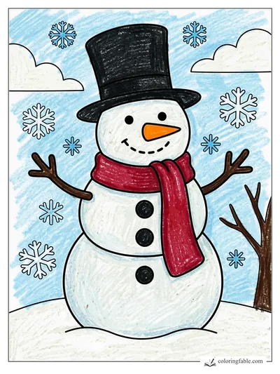 Smiling Snowman with Top Hat and Scarf — colored example