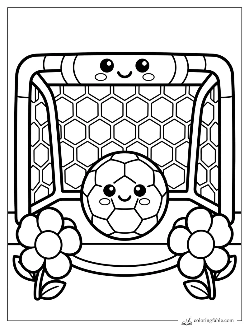 Kawaii soccer ball smiling in a goal with honeycomb net and flowers on both sides