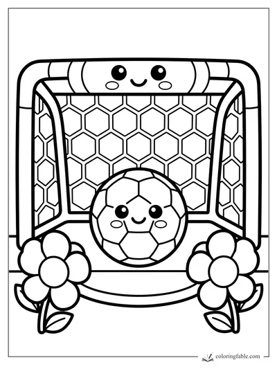 Kawaii soccer ball smiling in a goal with honeycomb net and flowers on both sides