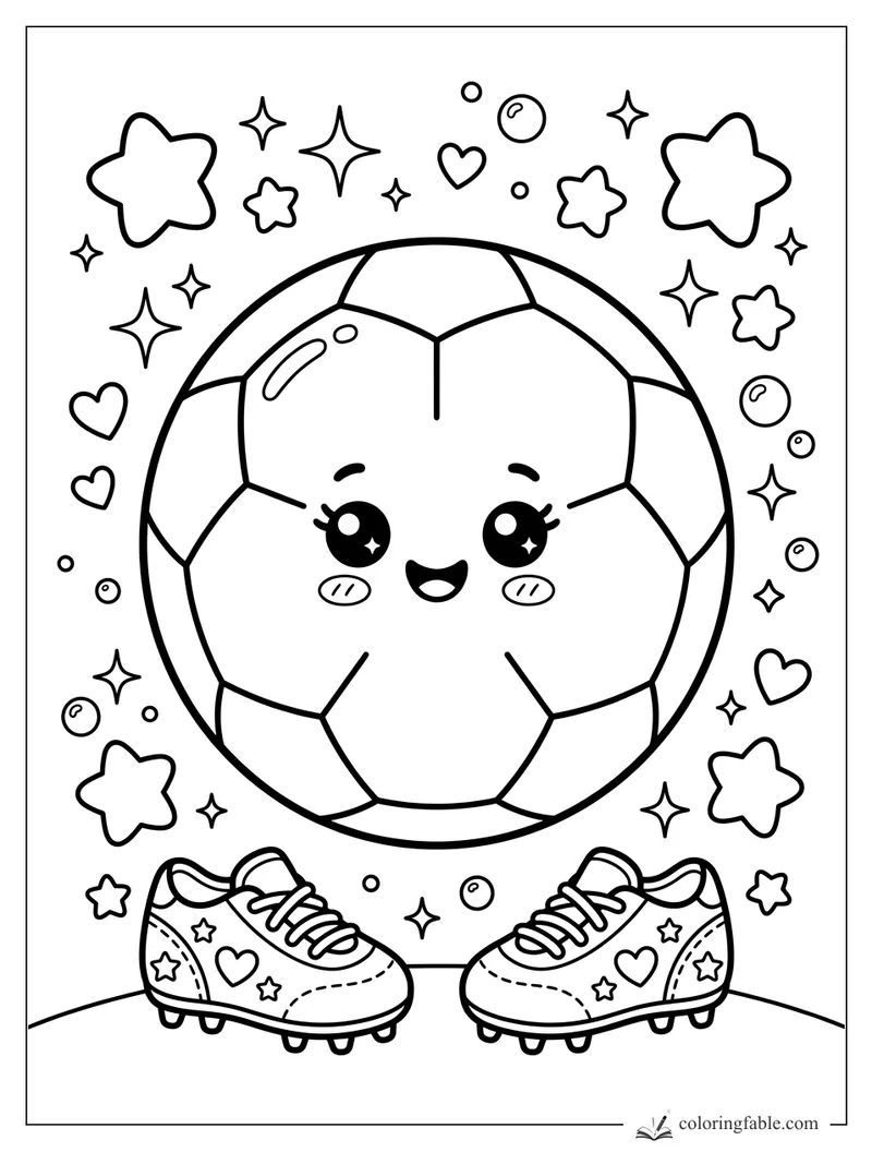 Kawaii soccer ball with smiling face, hearts, stars, bubbles, and decorated cleats