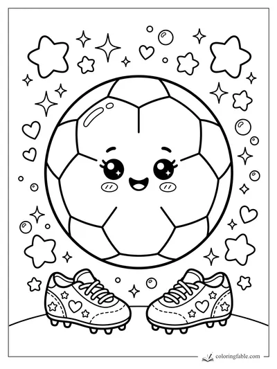 Kawaii soccer ball with smiling face, hearts, stars, bubbles, and decorated cleats
