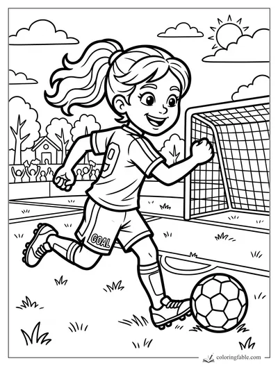 Cartoon girl dribbling a soccer ball toward a net with cheering fans, clouds, and sun.
