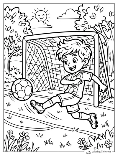Cartoon boy kicking a soccer ball beside a netted goal, trees, flowers, clouds, and a smiling sun.