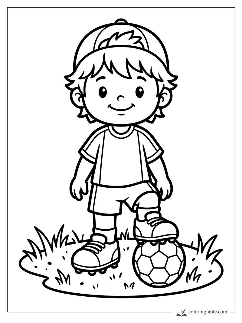 Bold coloring page of a smiling soccer kid in a cap with one cleat on a soccer ball in grass.
