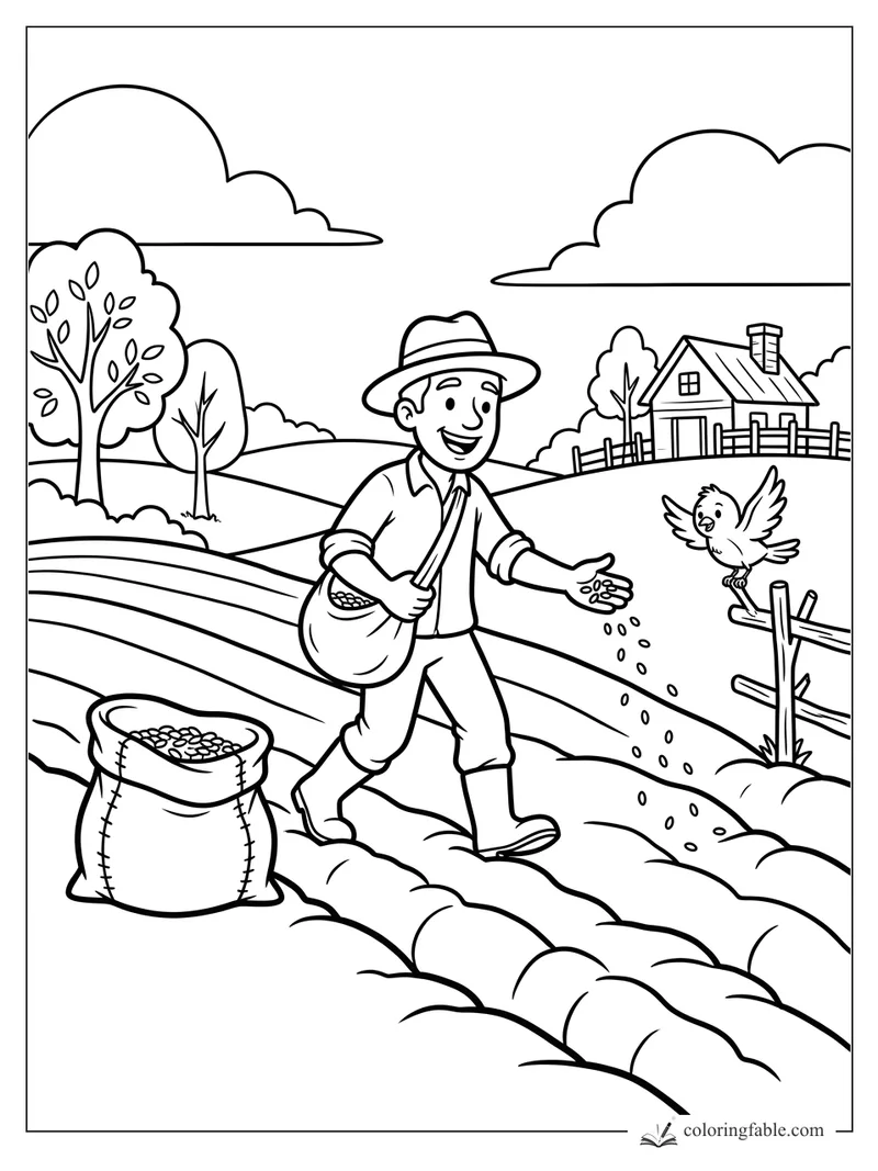 Smiling Bible sower scattering seeds in furrowed field with bird, seed sack, farmhouse, trees, and clouds.