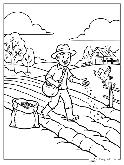 Smiling Bible sower scattering seeds in furrowed field with bird, seed sack, farmhouse, trees, and clouds.