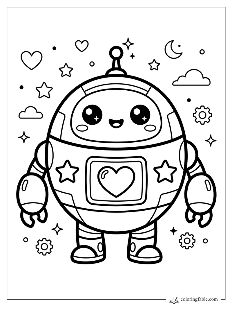 Kawaii space robot with heart chest panel, stars, clouds, crescent moon, hearts, and gears