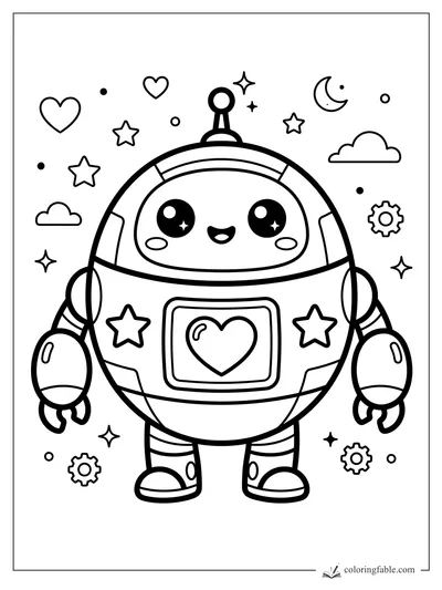 Kawaii space robot with heart chest panel, stars, clouds, crescent moon, hearts, and gears