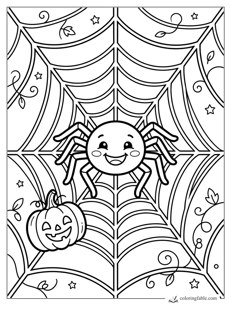 Easy Halloween coloring page with a smiling spider, jack-o'-lantern, stars, leaves, and curling vines on a web.