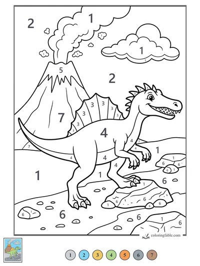 Smiling Spinosaurus by a Smoking Volcano — color by number