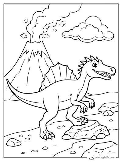 Cartoon spinosaurus smiling on rocky ground beside a smoking volcano and puffy clouds