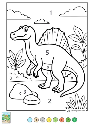 Smiling Spinosaurus by the River Rocks — color by number