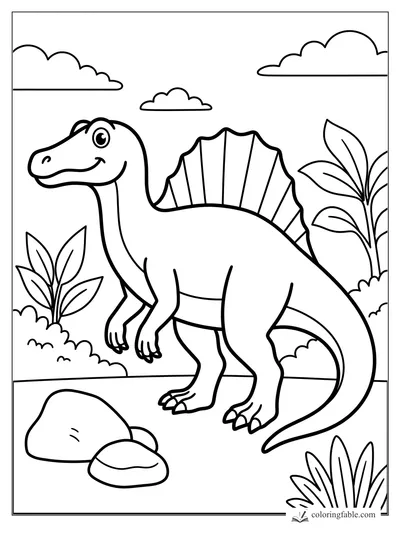 Easy spinosaurus coloring page with a big back sail, leafy plants, rocks, and clouds