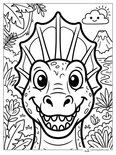 Easy spinosaurus coloring page with big eyes, tall sail, jungle plants, volcano, river, and smiling sun cloud.