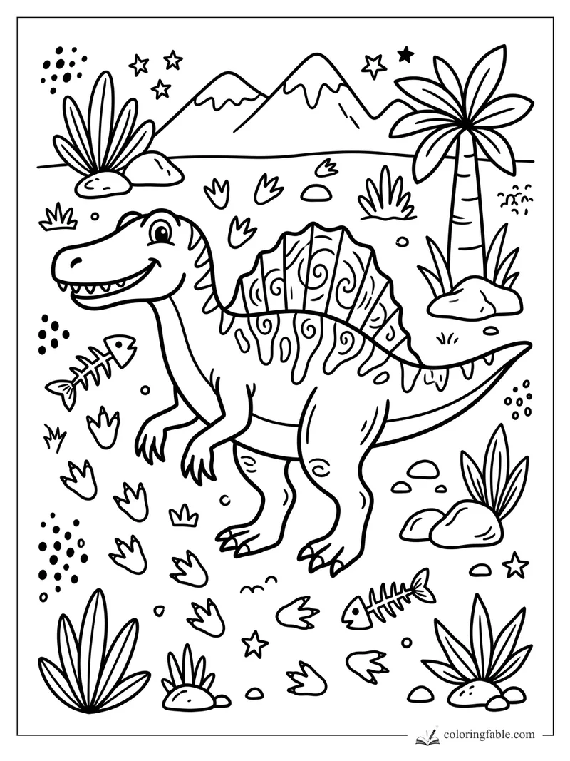 Smiling spinosaurus with patterned sail, footprints, fish bones, palm tree, mountains, and stars