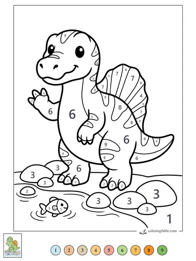 Smiling Spinosaurus Waving by the Pond — color by number