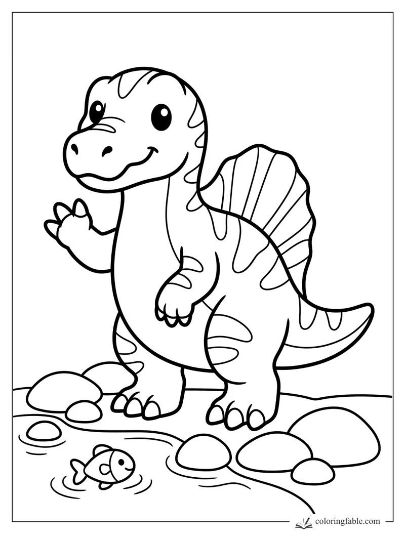 Kawaii spinosaurus waving beside pond rocks and a little fish