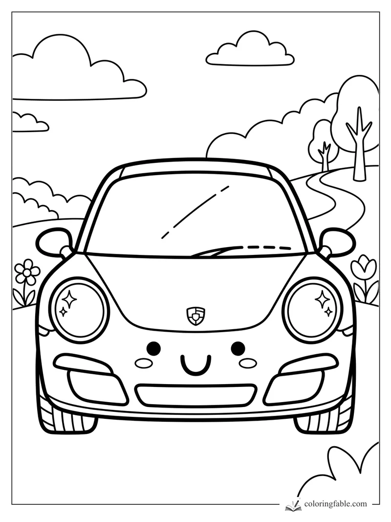 Kawaii sports car with a smiling face, sparkling headlights, flowers, clouds, trees, and a winding road.