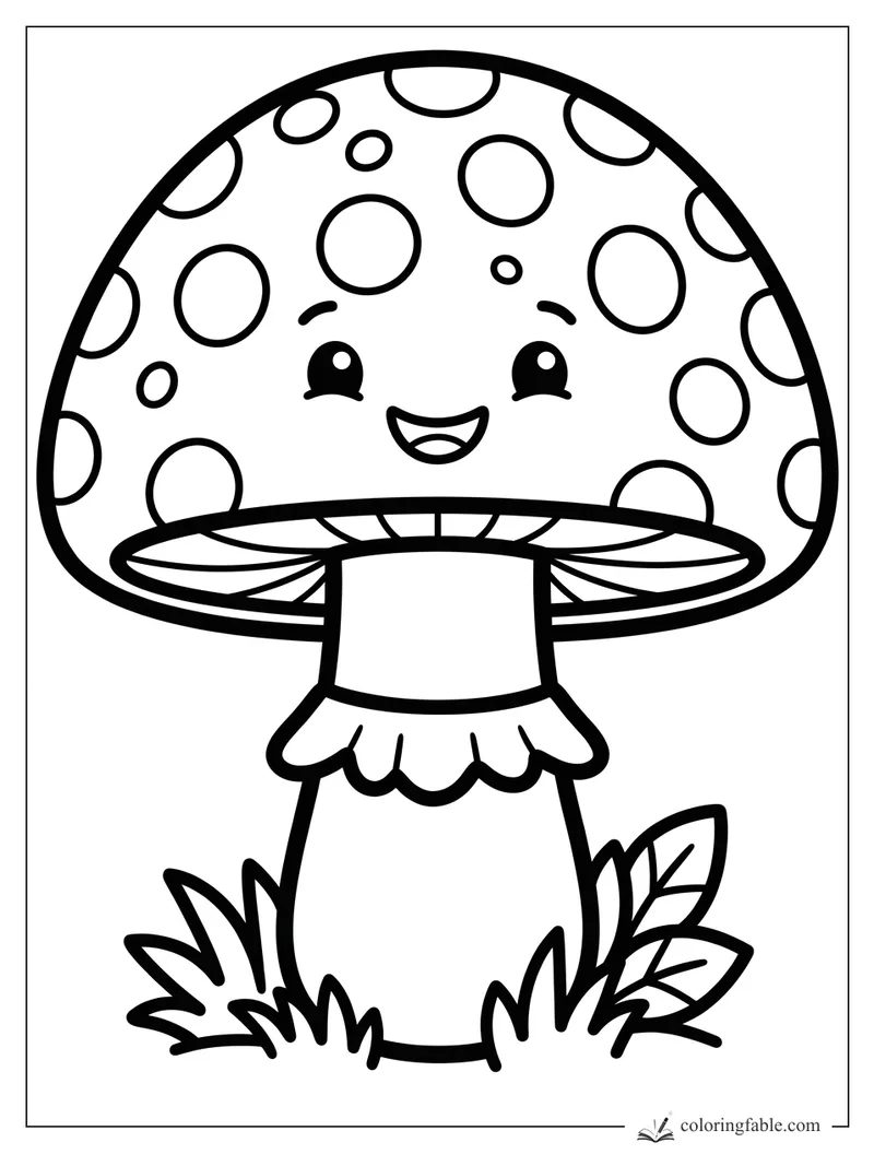Kawaii mushroom with a smiling face, spotted cap, leafy grass, and striped gills to color