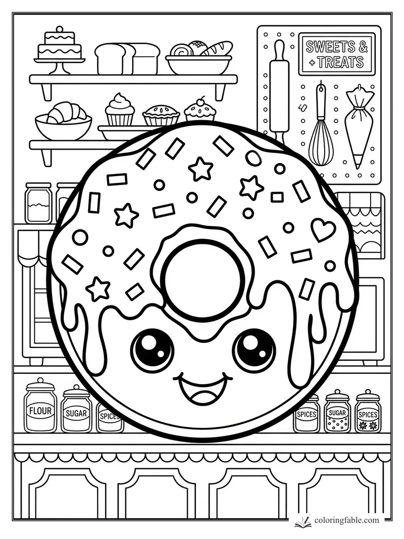 Kawaii donut with icing and sprinkles in a sweet shop with jars, pastries, and baking tools.