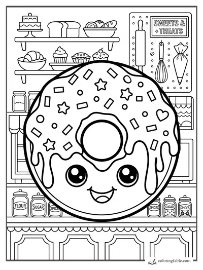 Kawaii donut with icing and sprinkles in a sweet shop with jars, pastries, and baking tools.