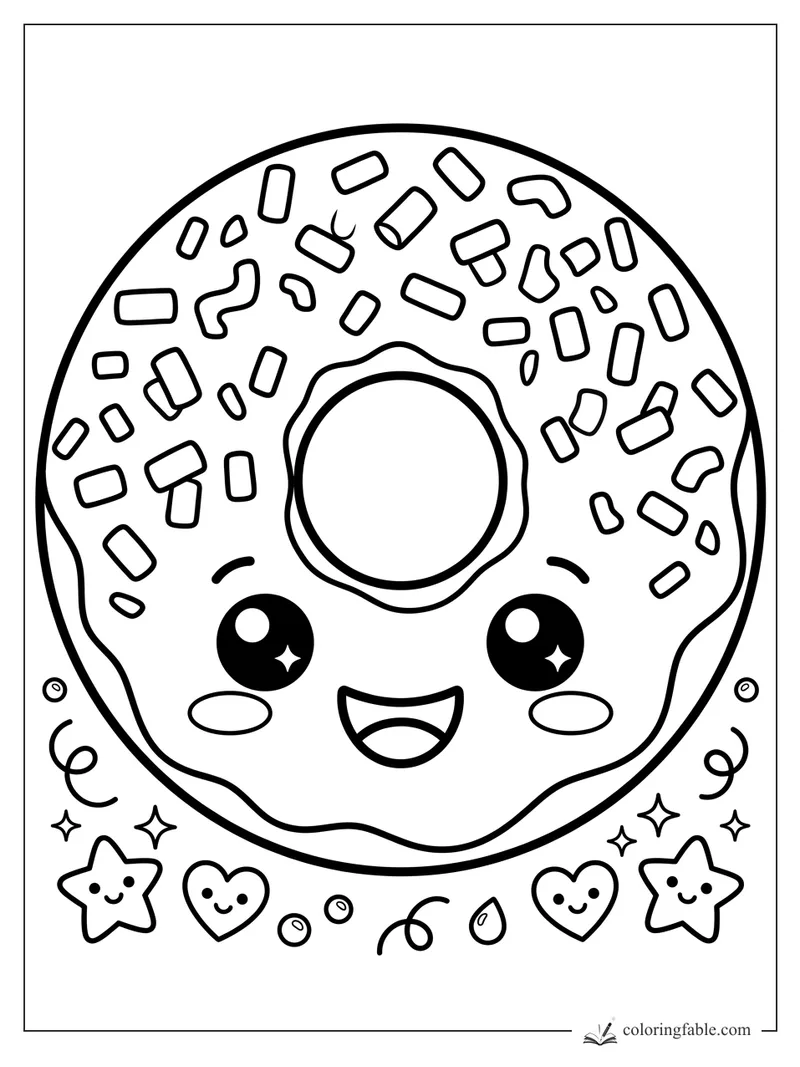 Kawaii donut coloring page with sprinkles, big sparkling eyes, hearts, stars, and curly confetti.