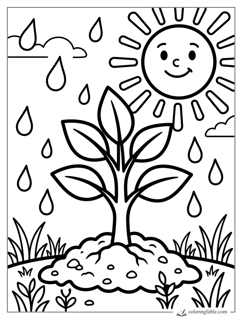 Easy coloring page of a leafy sprout on a mound with raindrops, grass, clouds, and a smiling sun.