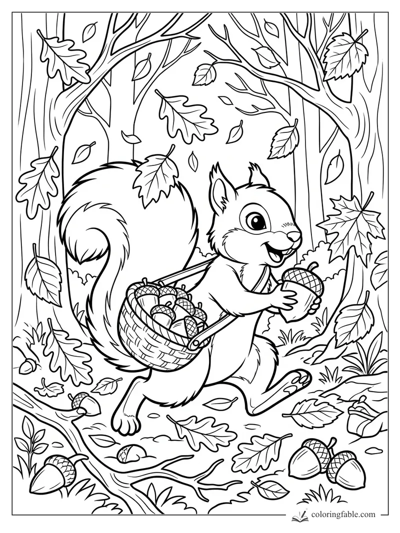 Cartoon squirrel with a basket of acorns runs through a leafy forest holding one acorn.