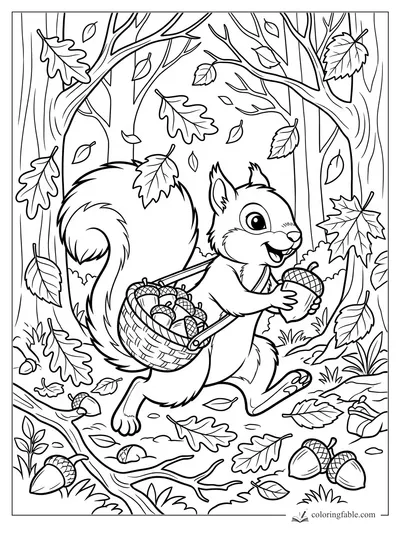 Cartoon squirrel with a basket of acorns runs through a leafy forest holding one acorn.