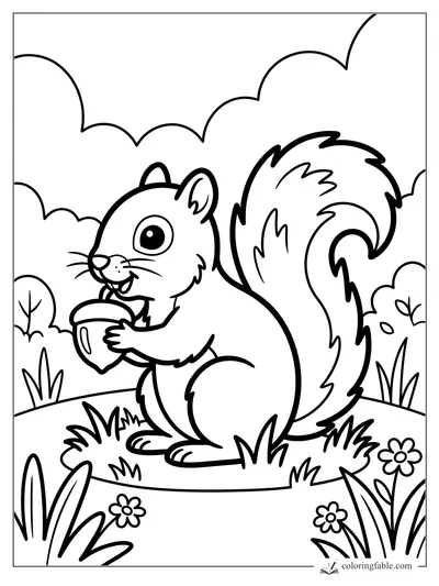 Easy coloring page of a smiling squirrel holding an acorn in a grassy meadow with flowers and bushes