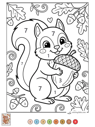 Smiling Squirrel Hugging a Giant Acorn — color by number