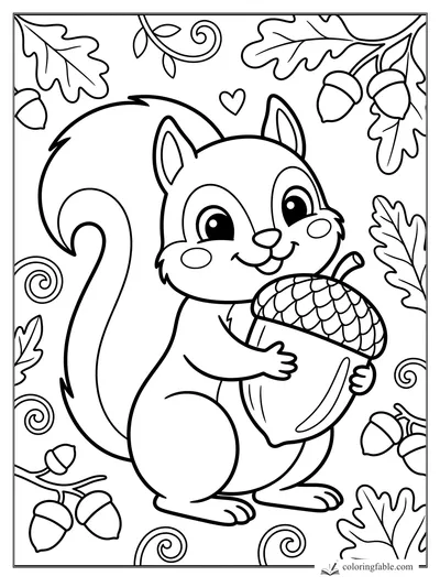 Cartoon squirrel holding a giant acorn, with oak leaves, small acorns, curls, and a heart around it