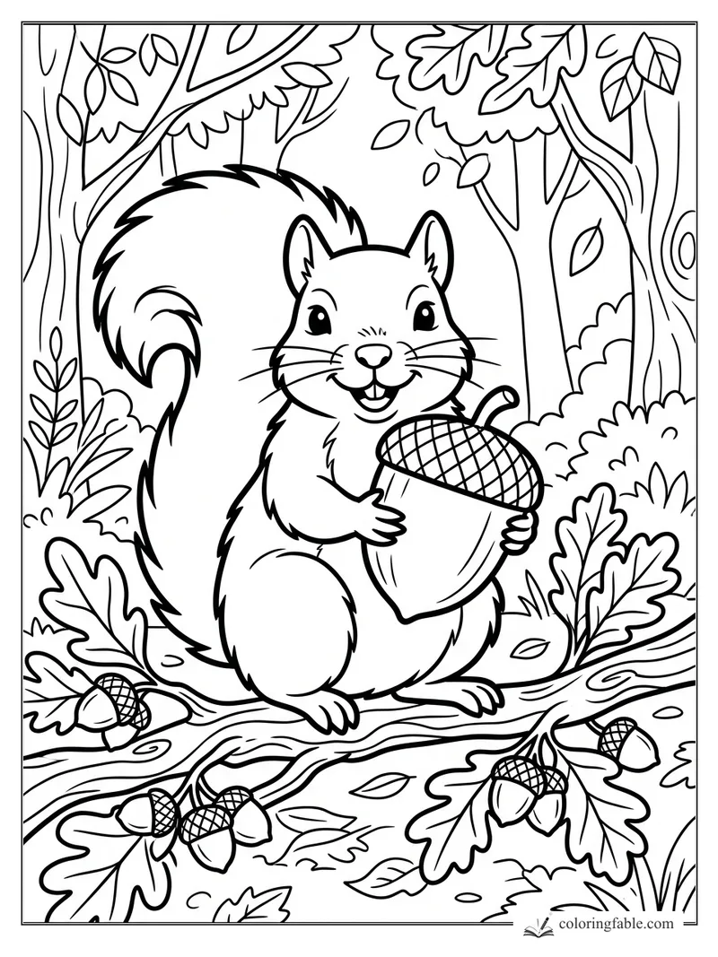 Smiling squirrel holding a giant acorn among oak leaves, branches, and scattered acorns
