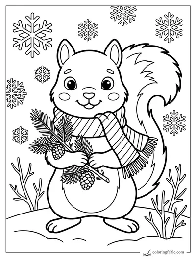 Cartoon squirrel in a striped scarf holding pine branches and pinecones as snowflakes fall.