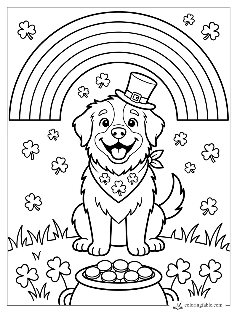 Happy dog in leprechaun hat and shamrock bandana under a rainbow with a pot of gold.