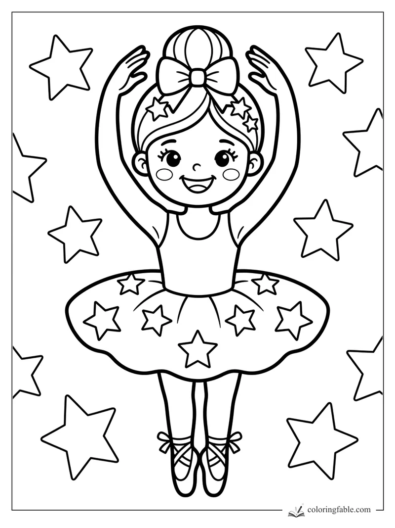 Easy coloring page of a smiling ballerina with a bow bun, star tutu, pointe shoes, and big stars around her.