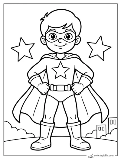 Cartoon boy superhero with mask, cape, chest star, floating stars, clouds, and small city buildings.