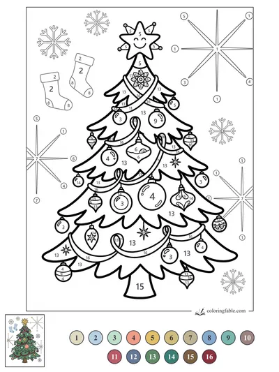 Smiling Star Christmas Tree with Retro Ornaments — color by number