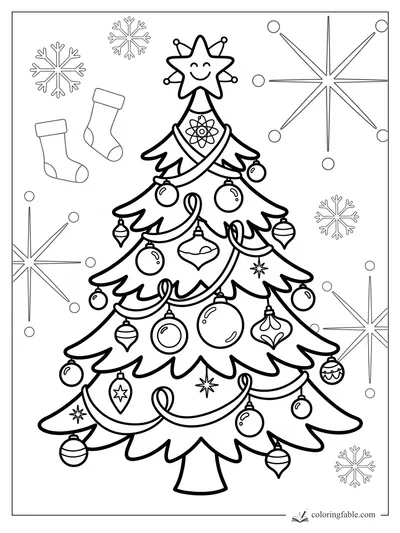 Vintage Christmas tree coloring page with smiling star topper, garlands, stockings, snowflakes, and ornaments.