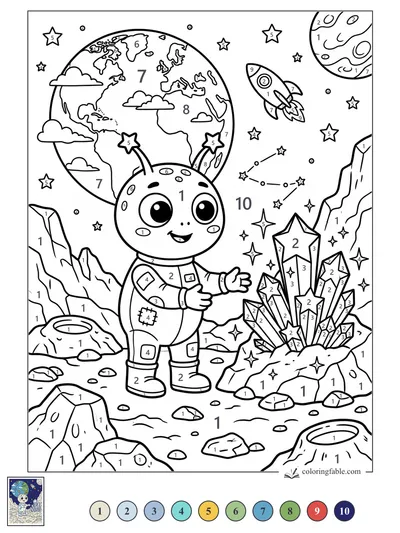 Smiling Star Explorer Finds Moon Crystals — color by number