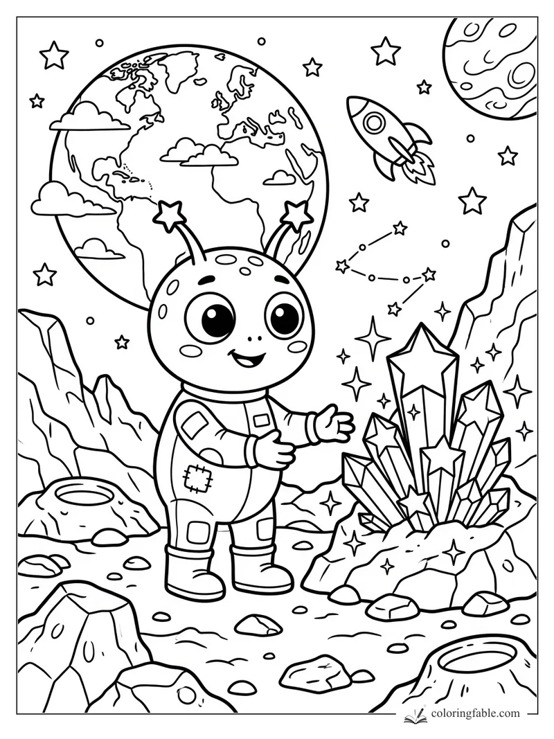 Cartoon star explorer on a rocky moon beside crystal stars, Earth, rocket, planets, and constellations.